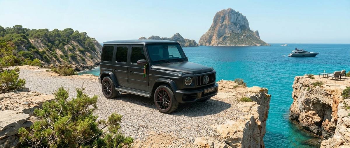 Luxe auto huren Ibiza — Mercedes AMG G63 bij Es Vedrà, IbizaLuxeHuur
